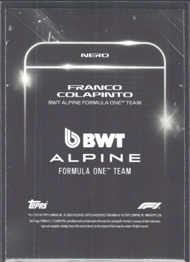 2026 Topps Formula 1 Lights Out Nero Franco Colapinto - baksida