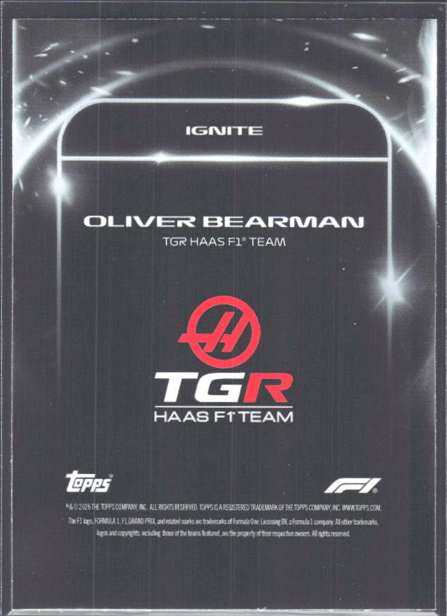 2026 Topps Formula 1 Lights Out Ignite Oliver Bearman - baksida