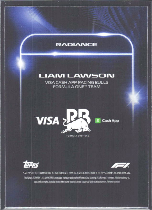 2026 Topps Formula 1 Lights Out Radiance Liam Lawson - baksida
