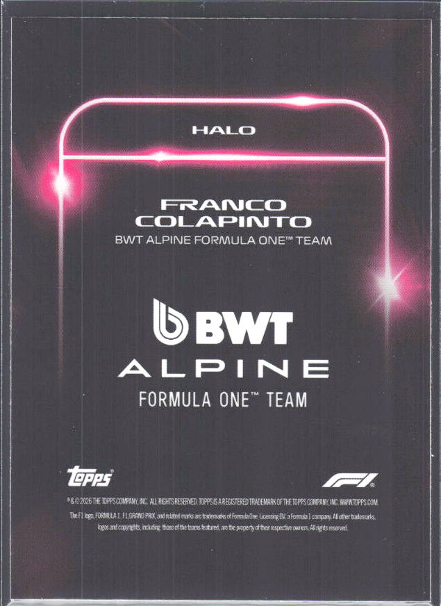 2026 Topps Formula 1 Lights Out Halo Franco Colapinto - baksida