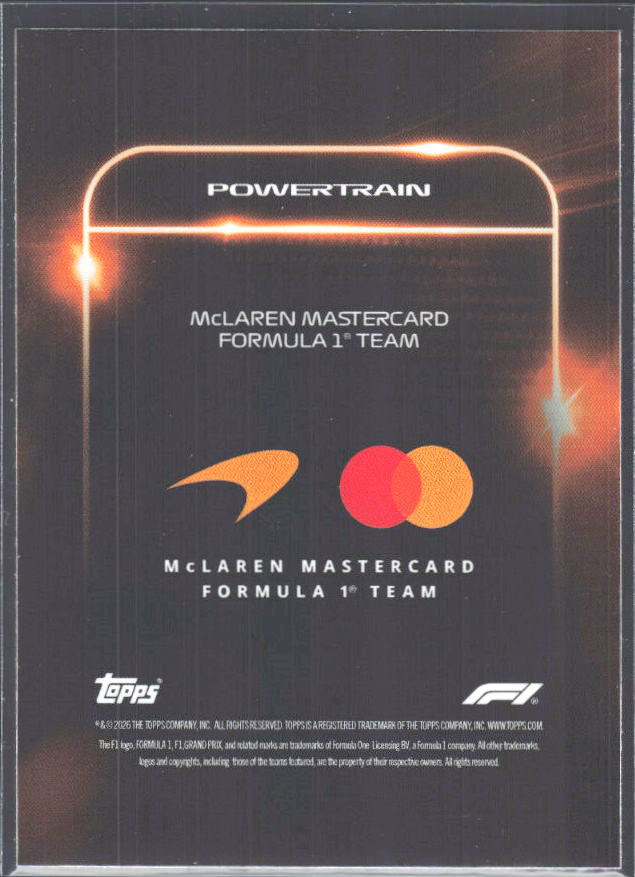 2026 Topps Formula 1 Lights Out Powertrain Andrea Stella / Lando Norris / Oscar Piastri - baksida