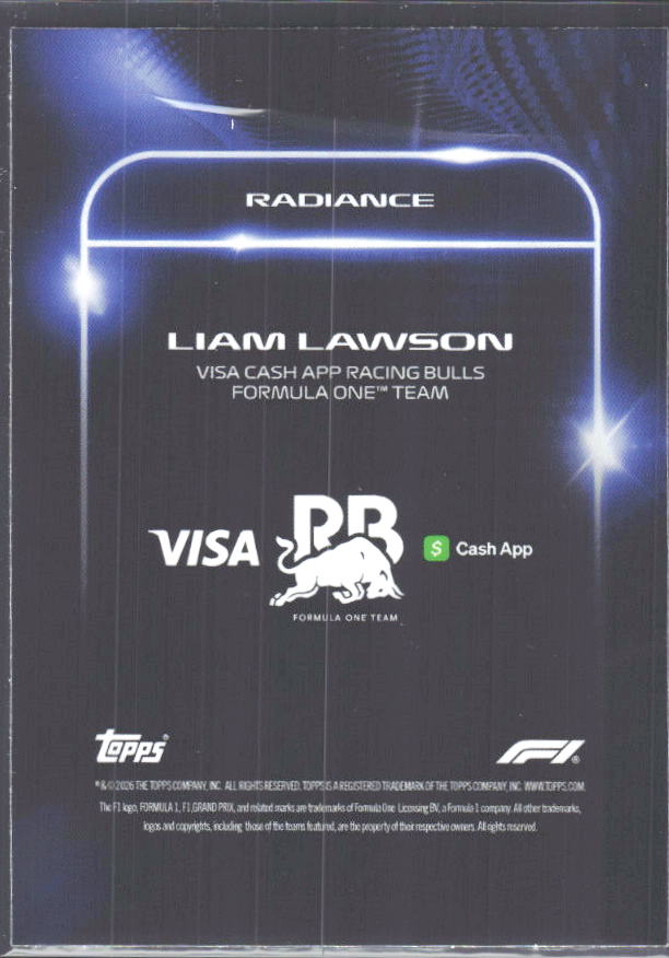 2026 Topps Formula 1 Lights Out Radiance Liam Lawson - baksida