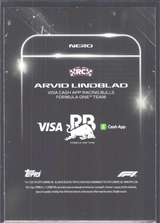 2026 Topps Formula 1 Lights Out Nero Arvid Lindblad - baksida