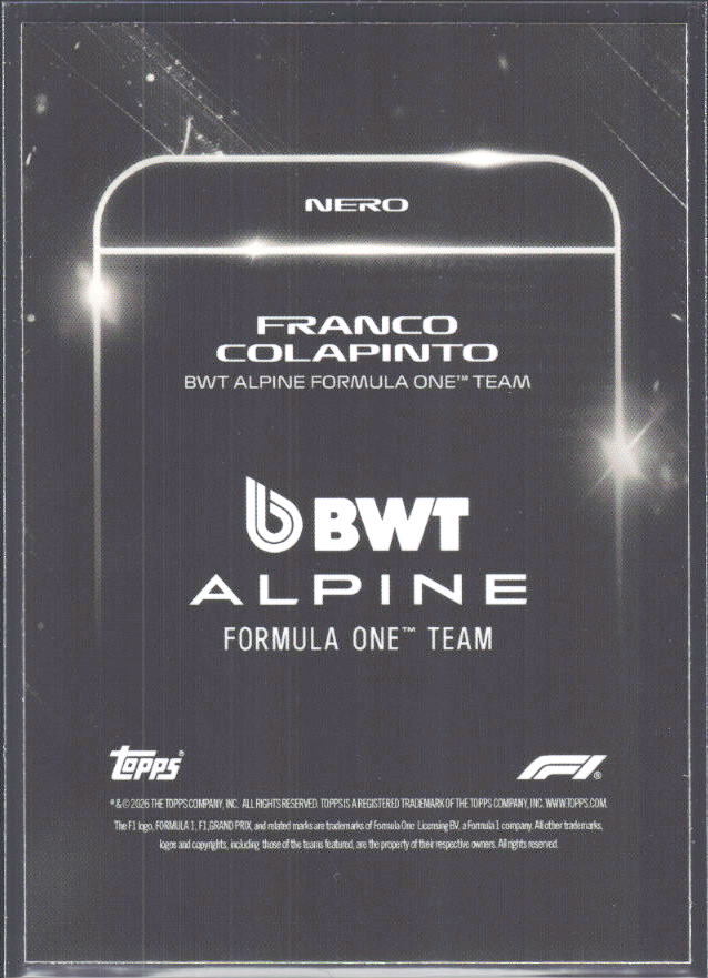 2026 Topps Formula 1 Lights Out Nero Franco Colapinto - baksida