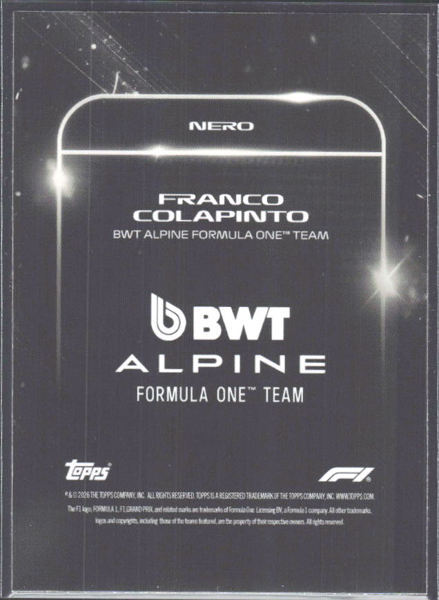 2026 Topps Formula 1 Lights Out Nero Franco Colapinto - baksida