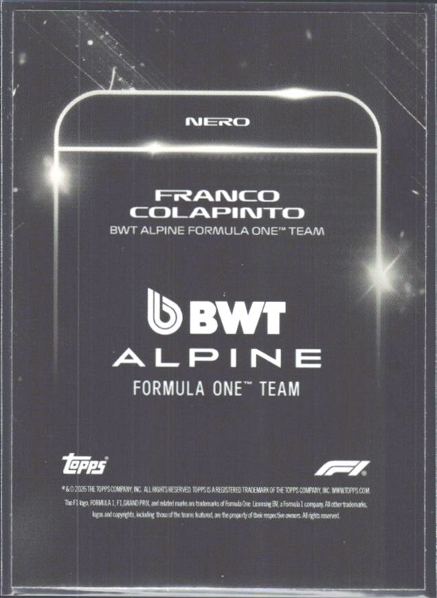 2026 Topps Formula 1 Lights Out Nero Franco Colapinto - baksida