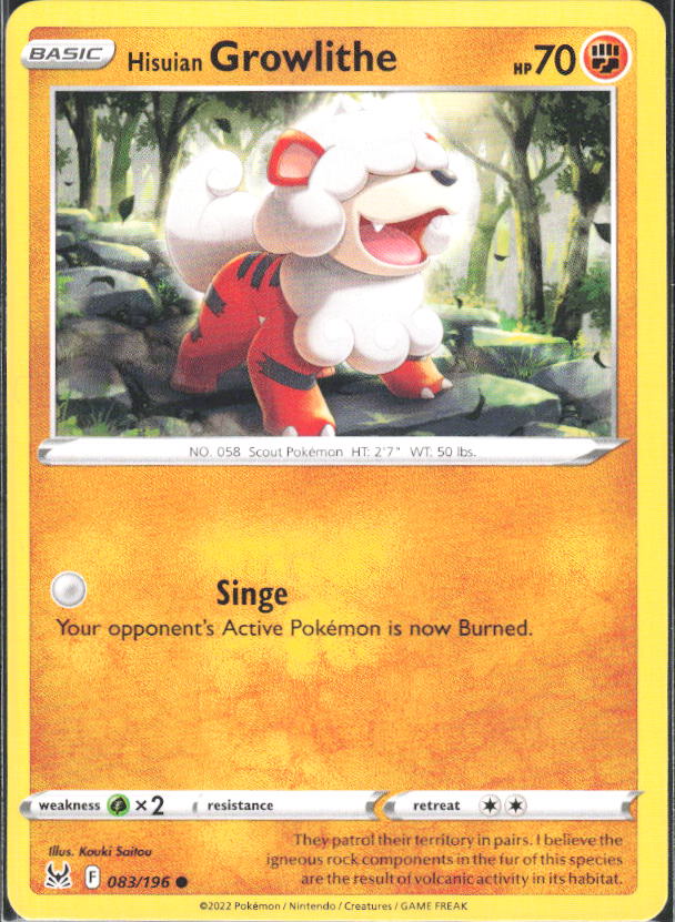 2022 Pokémon Sword & Shield: Lost Origin #083/196 Hisuian Growlithe - framsida
