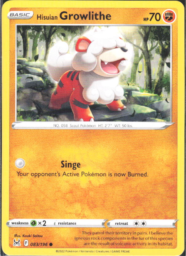 2022 Pokémon Sword & Shield: Lost Origin #083/196 Hisuian Growlithe - framsida