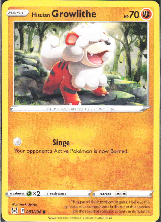2022 Pokémon Sword & Shield: Lost Origin #083/196 Hisuian Growlithe - framsida