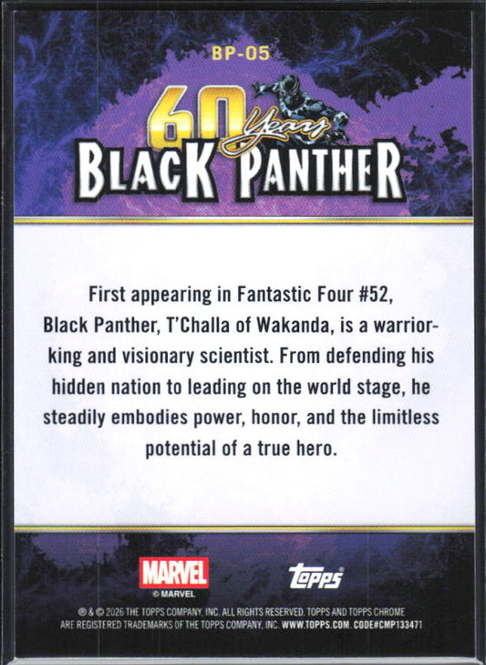 2026 Topps Chrome Marvel Comics #BP-05 60 Years of Black Panther #5 – 60 Years of Black Panther baksida