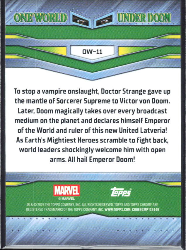 2026 Topps Chrome Marvel Comics #OW-11 One World Under Doom #11 – One World Under Doom baksida