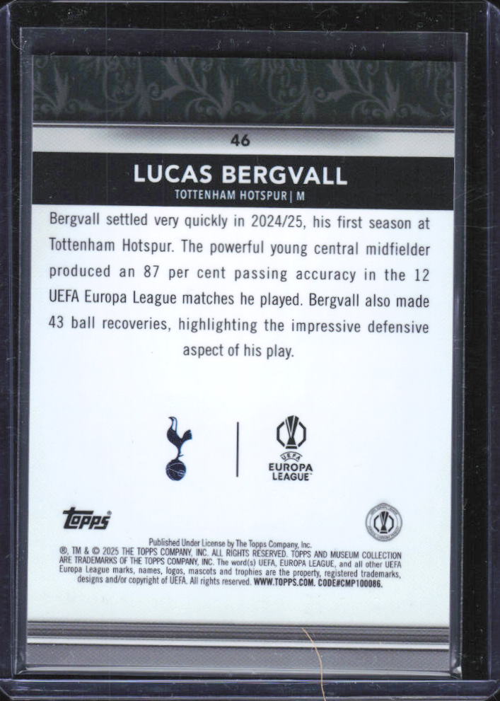 2024-25 Topps Museum Collection UEFA Lucas Bergvall RC #46 baksida