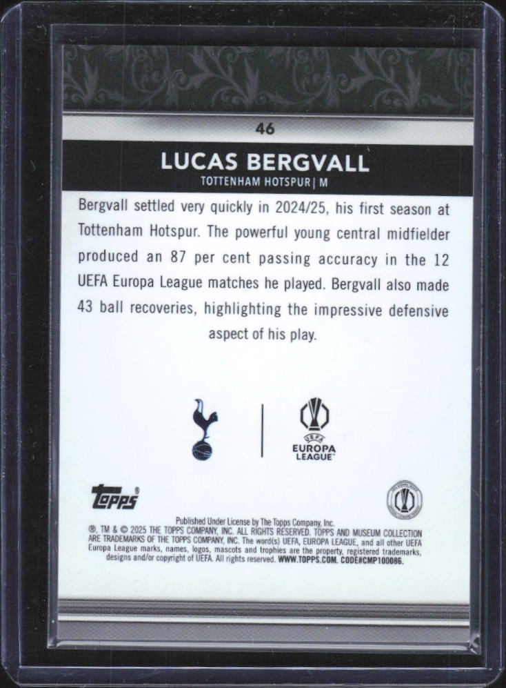 2024-25 Topps Museum Collection UEFA Lucas Bergvall RC #46 baksida