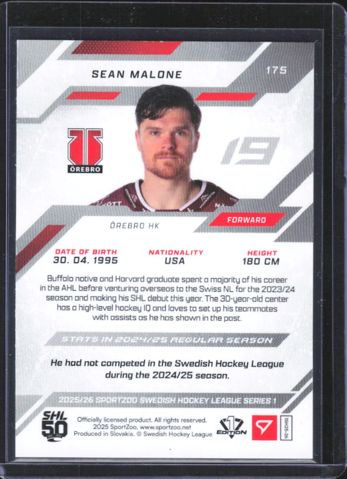 2025-26 SportZoo SHL Series 1 Sean Malone Shamrock Green #09/30 baksida