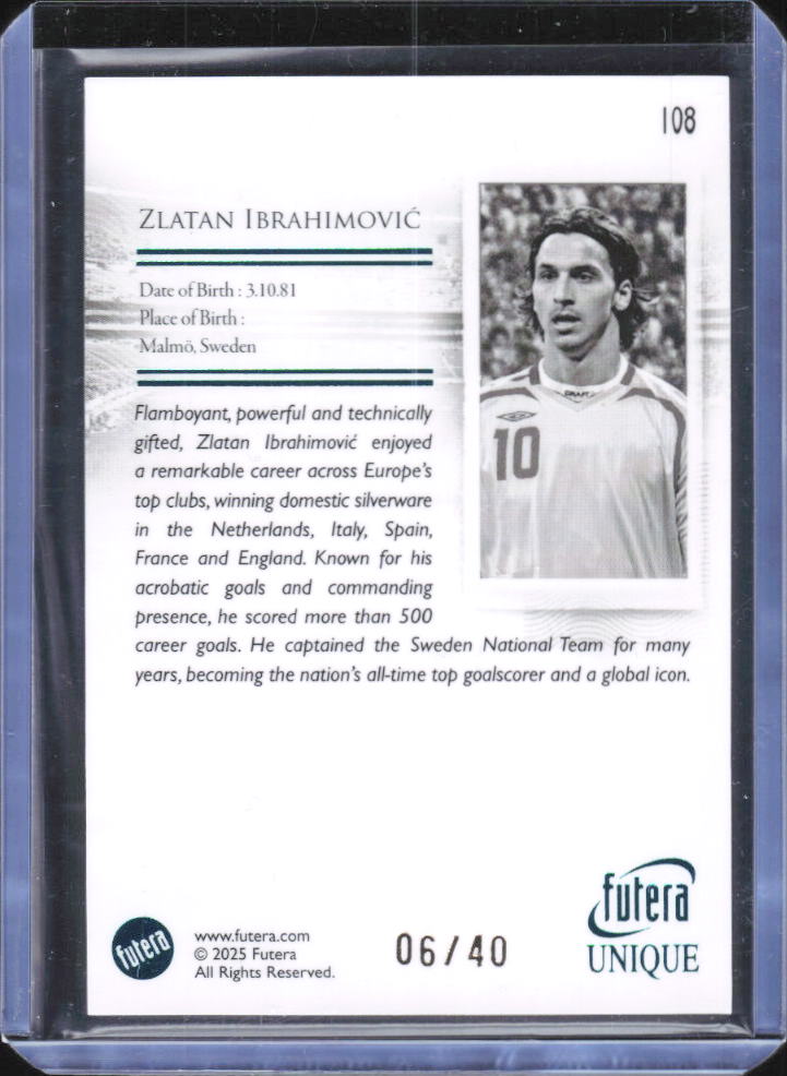 2025 Futera Unique The Greats Zlatan Ibrahimović #108 Blue 06/40 baksida