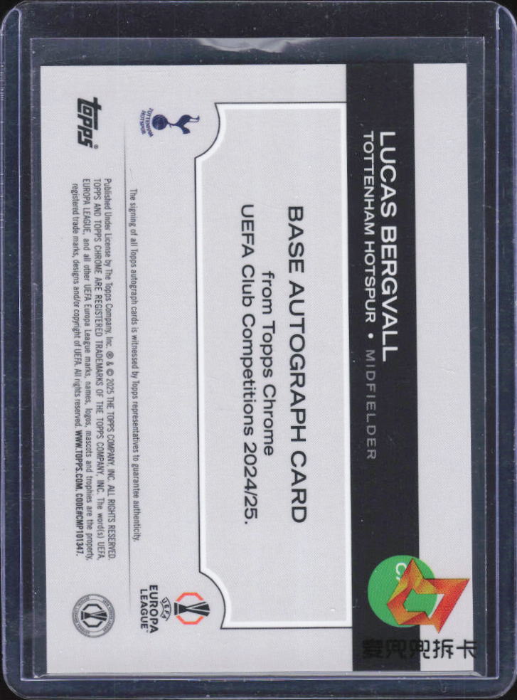 2024-25 Topps Chrome UEFA Lucas Bergvall Base Autograph CA-LB baksida