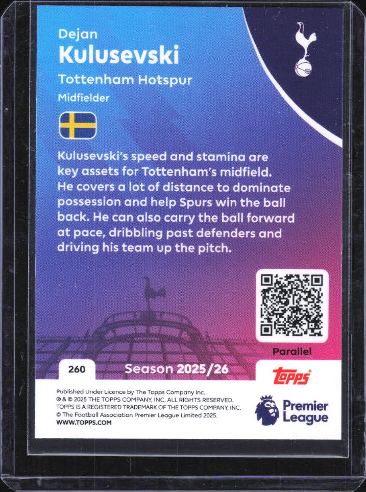 2025-26 Topps Premier League Dejan Kulusevski Aqua Sparkle #260 281/499 baksida