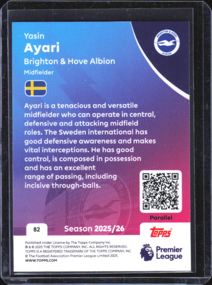 2025-26 Topps Premier League Yasin Ayari RC Pink Sparkle #82 099/399 baksida