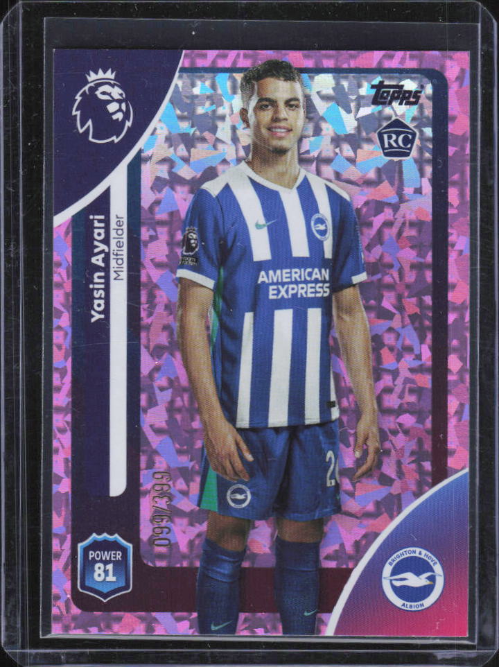 2025-26 Topps Premier League Yasin Ayari RC Pink Sparkle #82 099/399 framsida