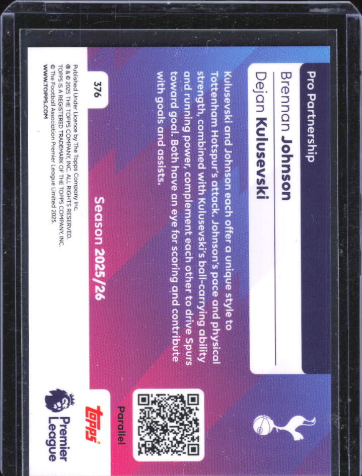 2025-26 Topps Premier League Pro Partnership Brennan Johnson / Dejan Kulusevski Purple Sparkle #376 117/199 baksida
