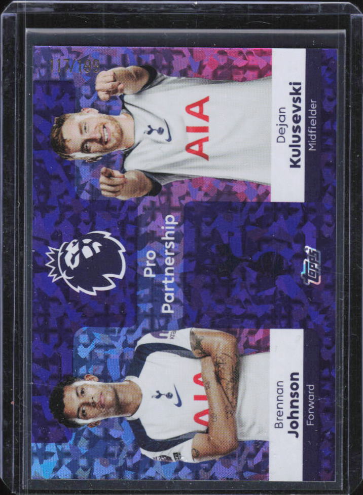 2025-26 Topps Premier League Pro Partnership Brennan Johnson / Dejan Kulusevski Purple Sparkle #376 117/199 framsida