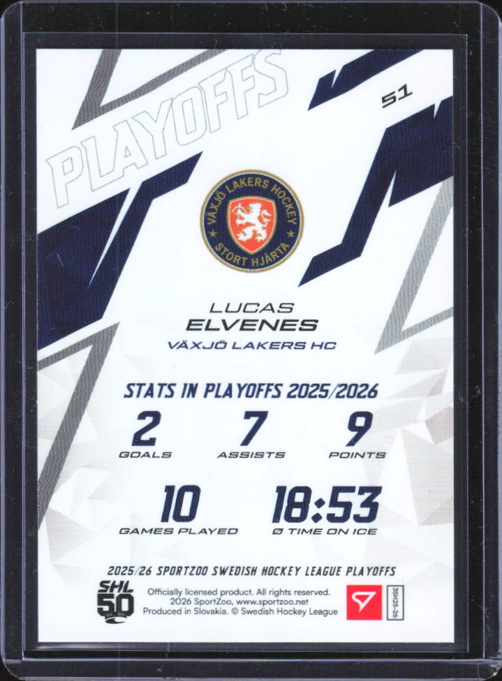 2025-26 SportZoo SHL Playoffs Lucas Elvenes Fire Red #51 02/30 baksida