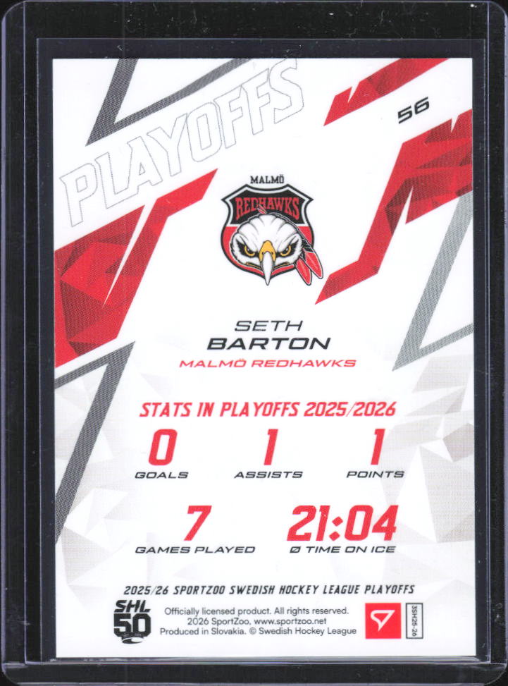 2025-26 SportZoo SHL Playoffs Seth Barton Azure Blue #56 27/60 baksida