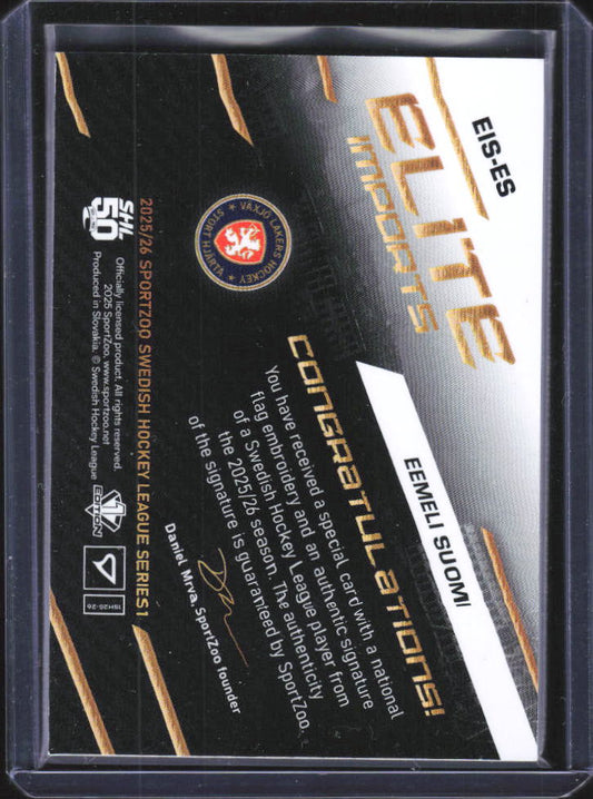 2025-26 SportZoo SHL Series 1 Eemeli Suomi Elite Imports Autograph Finland 19/30 baksida