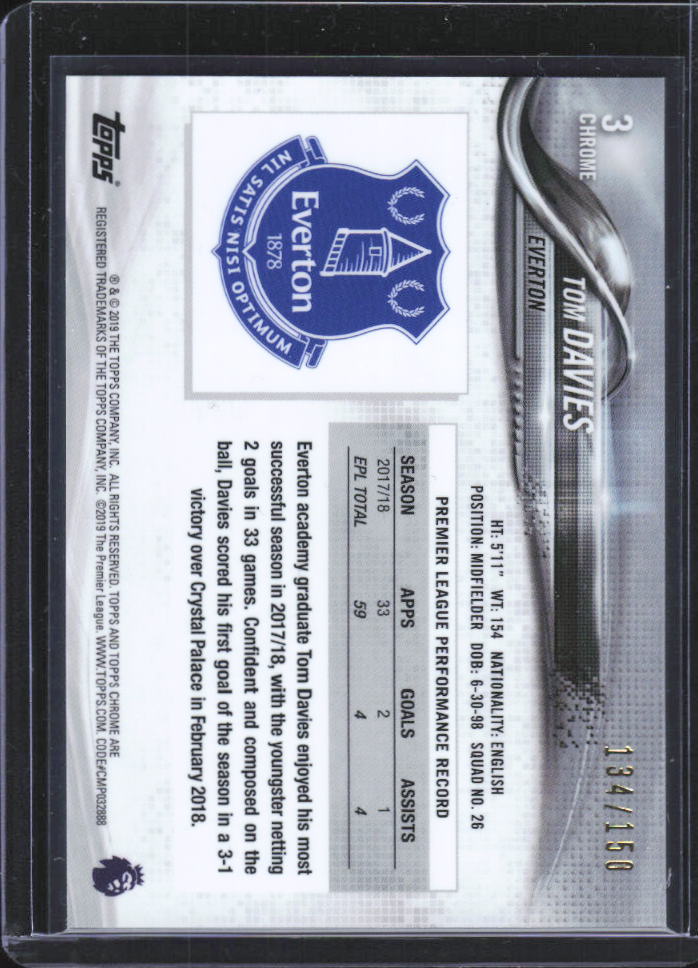 2018-19 Topps Chrome Premier League Tom Davies Blue Refractor #3 134/150 baksida
