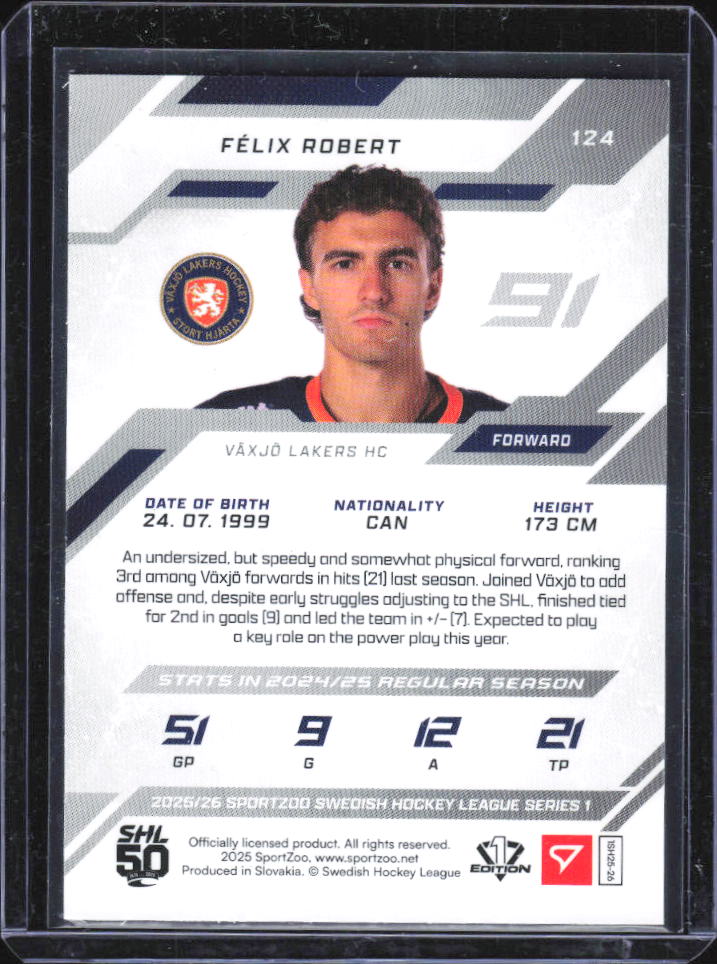 2025-26 SportZoo SHL Series 1 Félix Robert Shamrock Green #124 08/30 baksida