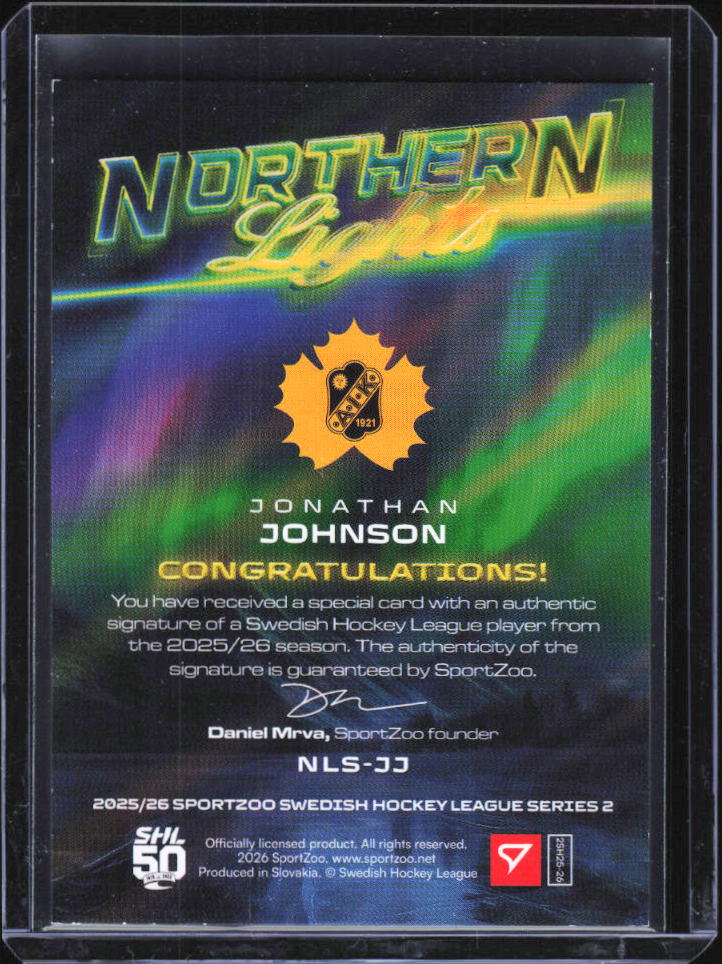 2025-26 SportZoo SHL Series 2 Jonathan Johnson Northern Lights Gold Auto 30/45 baksida