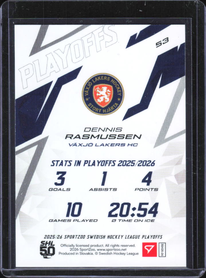 2025-26 SportZoo SHL Playoffs Dennis Rasmussen Azure Blue #53 37/60 baksida