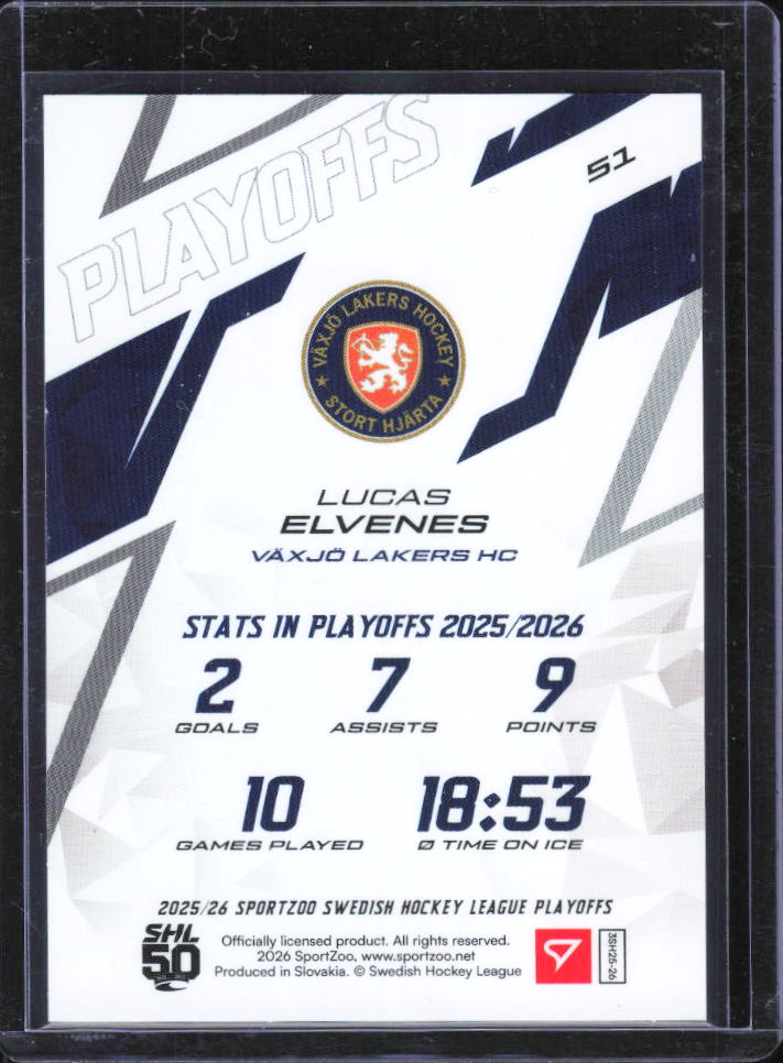 2025-26 SportZoo SHL Playoffs Lucas Elvenes Fire Red #51 28/30 baksida