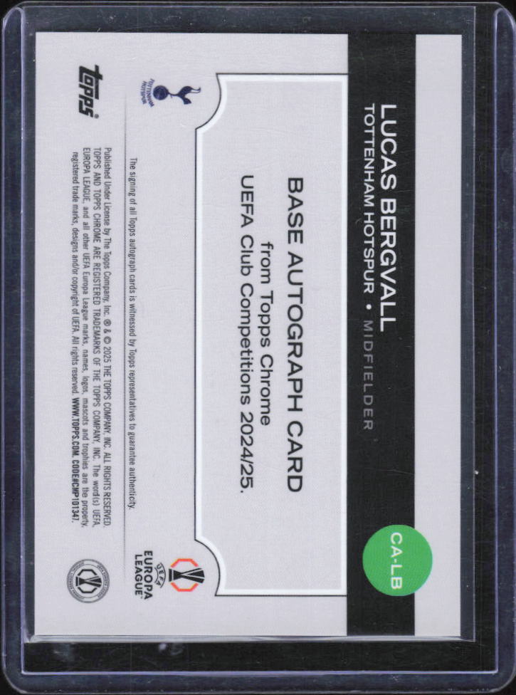 2024-25 Topps Chrome UEFA Lucas Bergvall Base Autograph CA-LB baksida