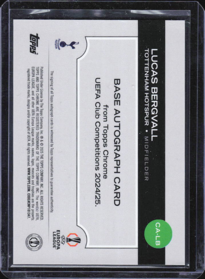2024-25 Topps Chrome UEFA Lucas Bergvall Base Autograph CA-LB baksida