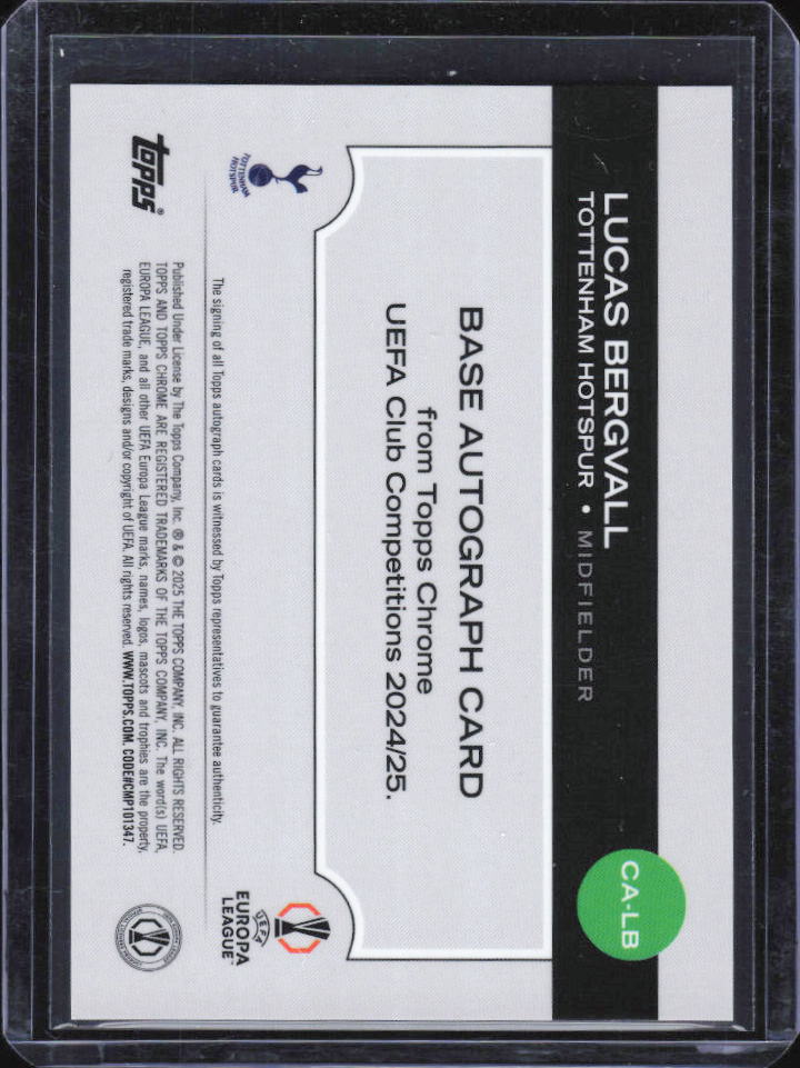 2024-25 Topps Chrome UEFA Lucas Bergvall Base Autograph CA-LB baksida