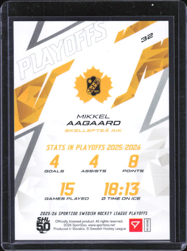 2025-26 SportZoo SHL Playoffs Mikkel Aagaard Azure Blue #32 41/60 baksida