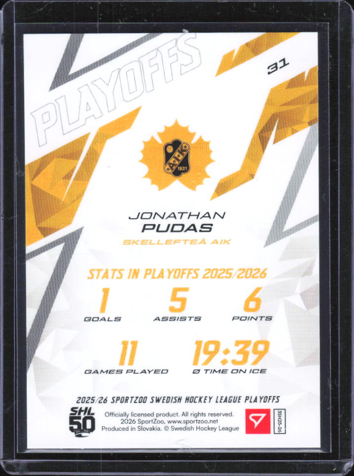 2025-26 SportZoo SHL Playoffs Jonathan Pudas Azure Blue #31 43/60 baksida