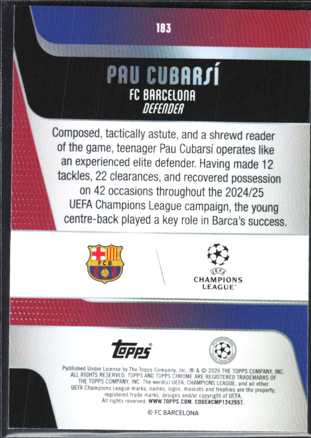 Pau Cubarsí – 2025-26 Topps Chrome UEFA Club Competitions #183 – baksida