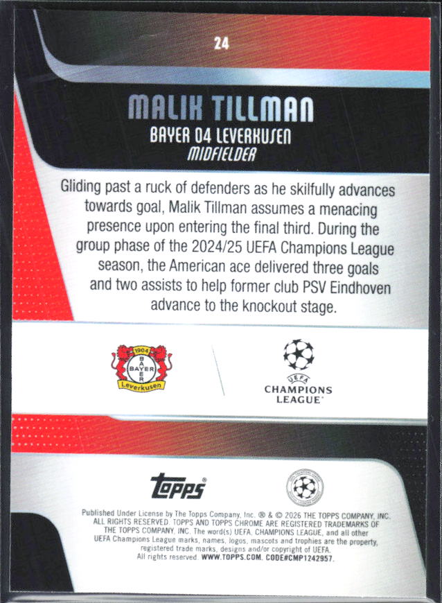 Malik Tillman – 2025-26 Topps Chrome UEFA Club Competitions #24 – baksida