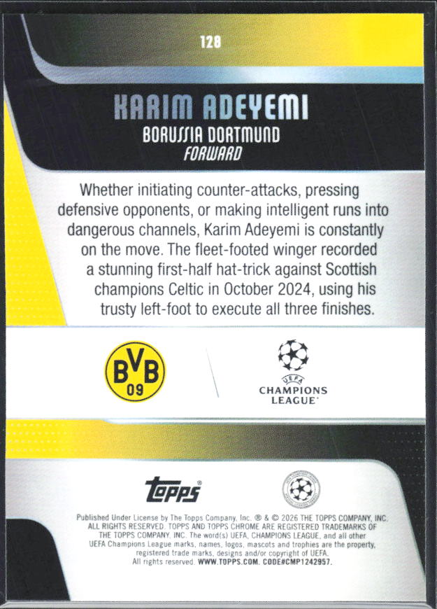 Karim Adeyemi – 2025-26 Topps Chrome UEFA Club Competitions #128 – baksida