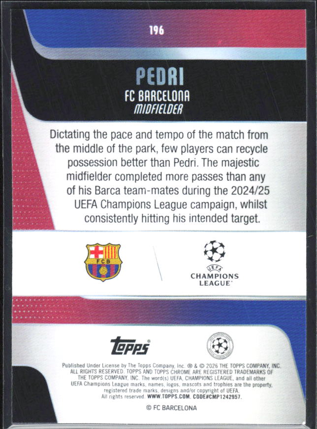 Pedri – 2025-26 Topps Chrome UEFA Club Competitions #196 – baksida