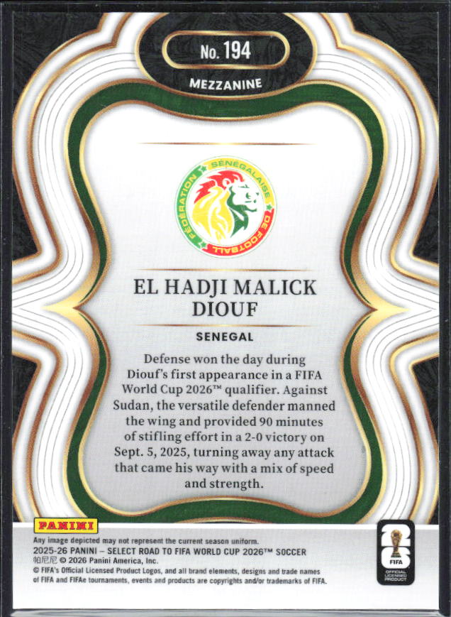 El Hadji Malick Diouf – 2025-26 Panini Select Road to FIFA World Cup #194 Mezzanine – baksida