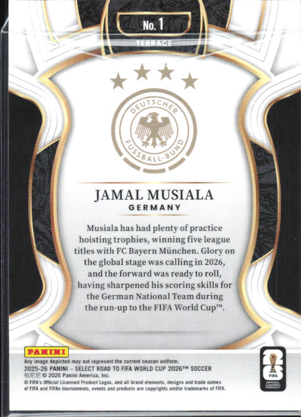 Jamal Musiala – 2025-26 Panini Select Road to FIFA World Cup #1 Terrace – baksida