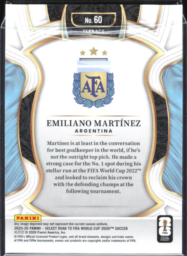 Emiliano Martínez – 2025-26 Panini Select Road to FIFA World Cup #60 Terrace – baksida