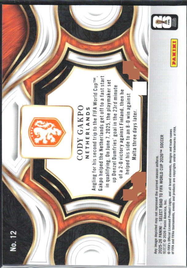 Cody Gakpo – 2025-26 Panini Select Road to FIFA World Cup #121 Mezzanine – baksida