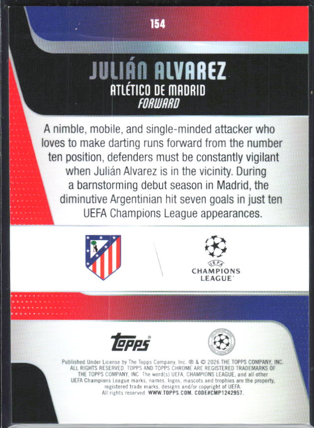 Julián Alvarez – 2025-26 Topps Chrome UEFA Club Competitions #154 – baksida