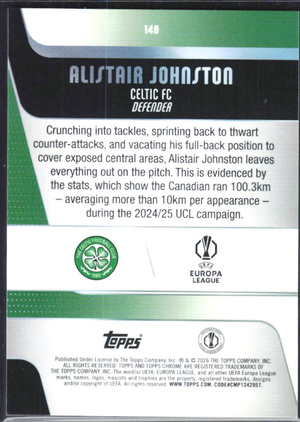 Alistair Johnston – 2025-26 Topps Chrome UEFA Club Competitions #148 – baksida