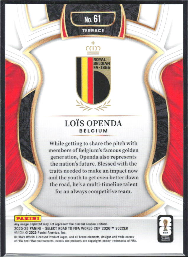 Loïs Openda – 2025-26 Panini Select Road to FIFA World Cup #61 Terrace – baksida