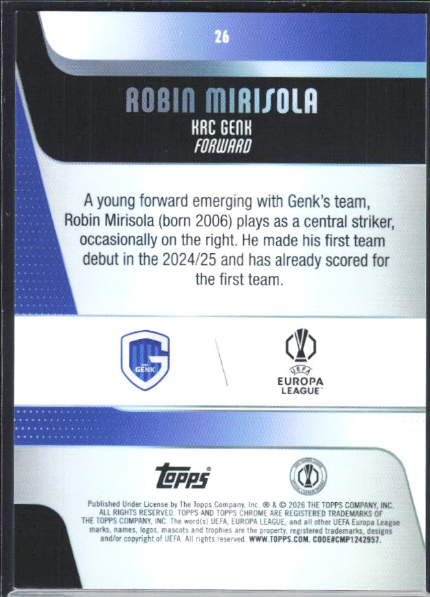 Robin Mirisola – 2025-26 Topps Chrome UEFA Club Competitions #26 – baksida